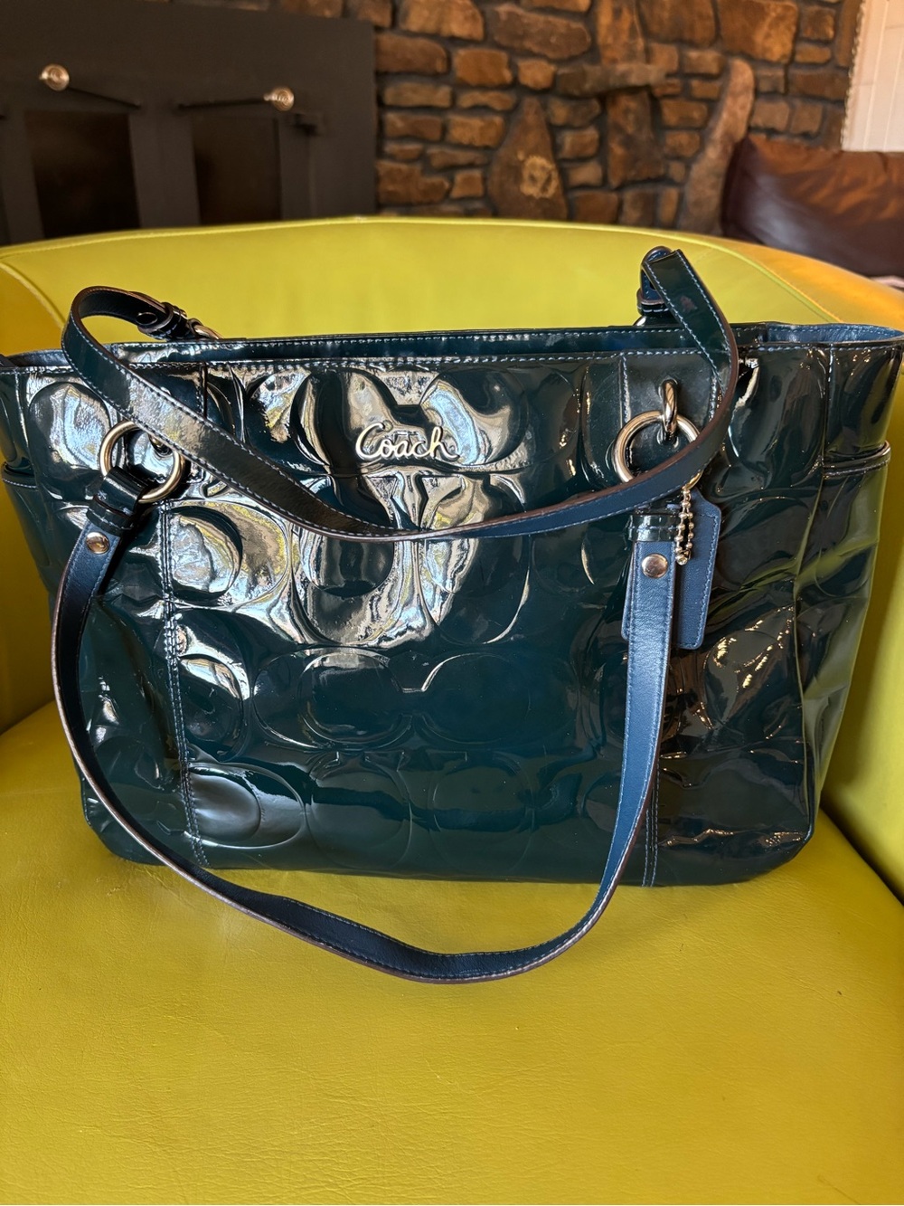 Coach Gallery Signature Embossed Patent Leather East West Tote Teal F07729
